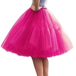 Women Tutu Skirt Knee Length Tulle Skirt Petticoat Hot Pink Size XS-M